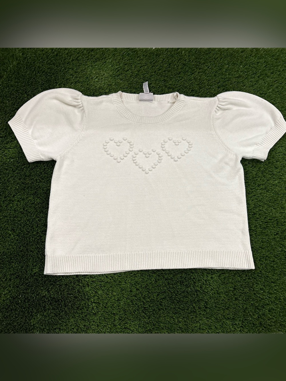 Women’s Cream Heart-Detail Puff Sleeve Knit Sweater